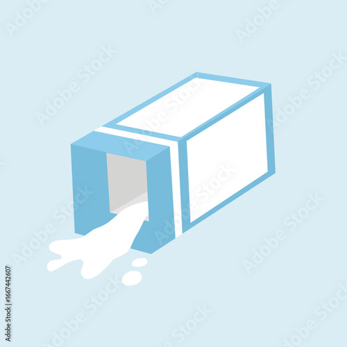 Vector illustration of a spilled milk carton in flat design style. Perfect for dairy, food packaging, nutrition, breakfast, beverage, and healthy lifestyle concepts