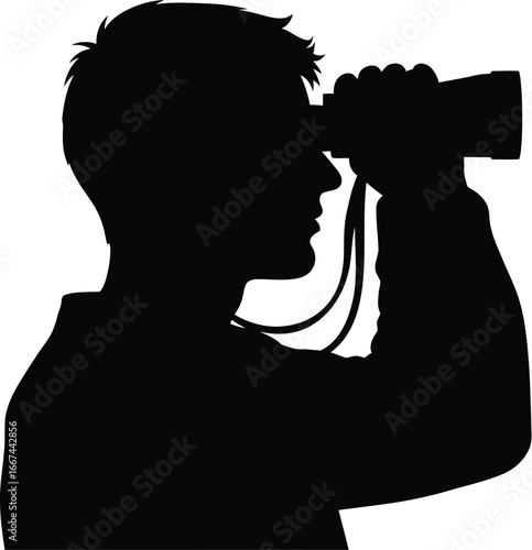 Vector art of a silhouette of a man looking through binoculars, searching for something in the distance with focused attention