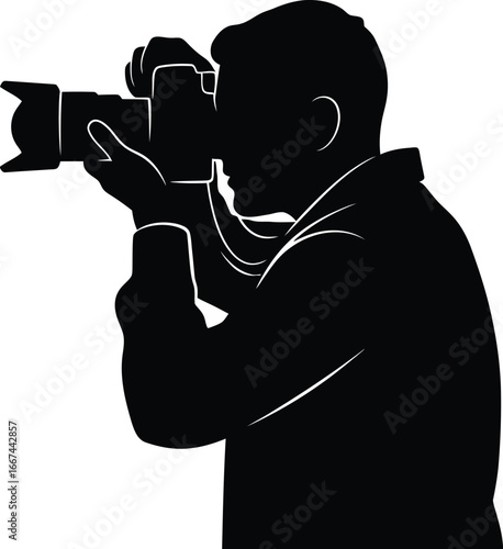 Vector art of the silhouette of a photographer taking a picture with a professional camera, capturing a moment in time with skill