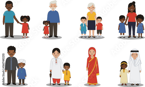Diverse multicultural families together, different ethnicities, parents with children, cultural clothing, happiness, unity, love, community, global diversity, inclusive family portrait