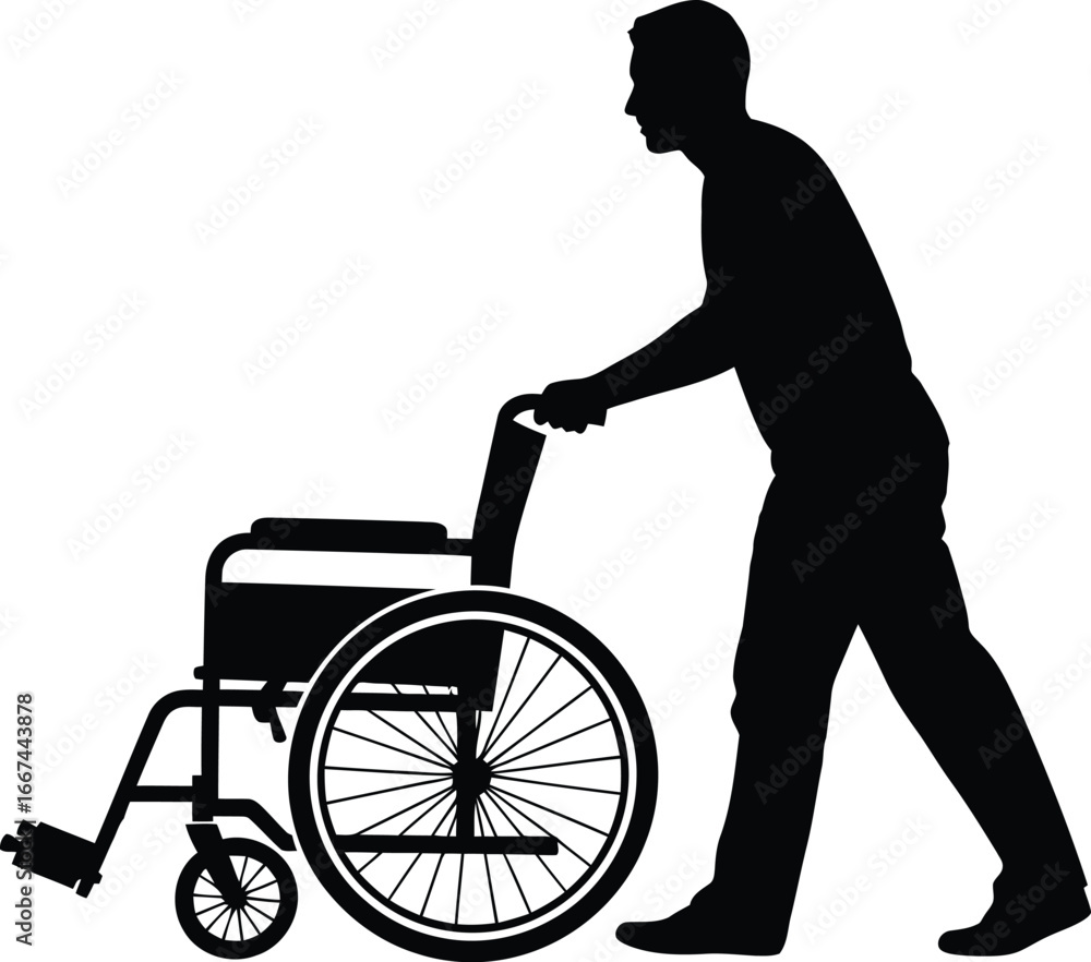 Obraz premium Vector art of a silhouette of a man pushing a wheelchair, symbolizing disability, accessibility, and the importance of care and support for mobility