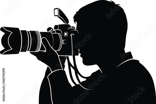 Vector art of the silhouette of a photographer taking a picture with a professional camera, capturing a moment with precision and skill
