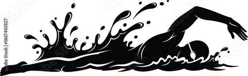 Vector art of a silhouette of a swimmer in action with water splashes, showcasing the dynamic movement and power of aquatic sport