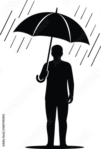 Vector art of a silhouette of a man with an umbrella in the rain, symbolizing protection from the storm and the challenges of life