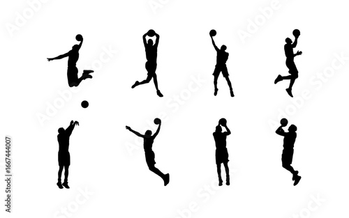 A set of black silhouettes showing basketball players performing jumps, dunks, layups, and shots. Perfect for sports design, posters, apparel, and creative projects.