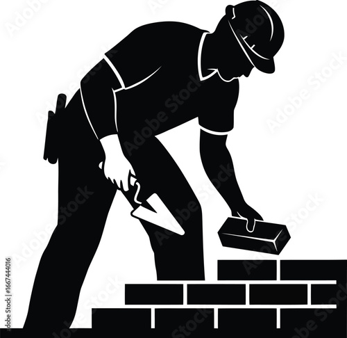 Vector art of a silhouette of a bricklayer working on a brick wall