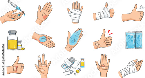 First Aid Treatment for Hand Injuries, Medical Care, Bandages, Pain Relief, Medication, Ice Pack, Health Recovery, Wound Care Illustration