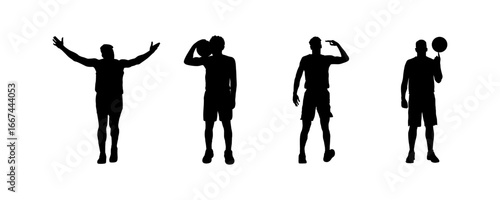 A collection of black silhouettes of basketball players in standing, posing, and skill demonstration positions. Ideal for vector design, sports graphics, posters, and apparel projects.