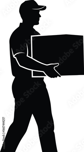 Vector art of a delivery man carrying a box, showcasing the courier service and the transport of goods in a silhouette style