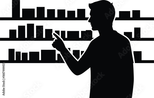 Vector art of a silhouette of a man with books on a shelf, representing education, knowledge, and the pursuit of learning