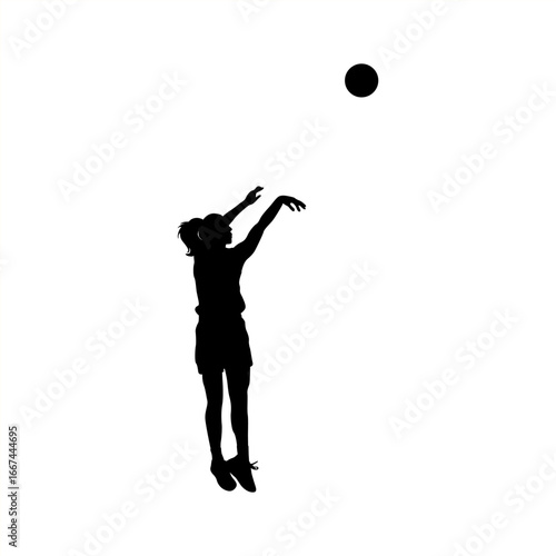 Black silhouette of a female basketball player jumping and shooting the ball in midair. Ideal for sports graphics, posters, vector illustrations, and basketball-themed designs.