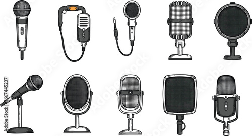 Vintage and modern microphones collection, professional audio equipment, sound recording devices, studio microphones, podcasting gear, broadcasting tools, retro mics.