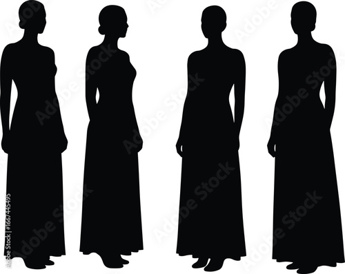 Silhouette of elegant women in long dresses, fashion model standing, evening gown illustration, stylish female figure, beauty, clothing design