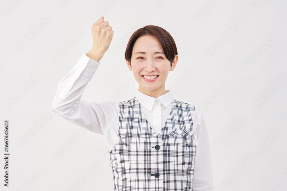 女性 事務員 ガッツポーズ 白背景 女性 事務員 ガッツポーズ 白背景