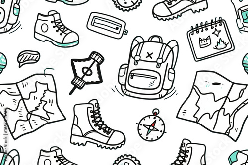 Travel essentials doodle pattern (backpack, hiking boots, compass, map).