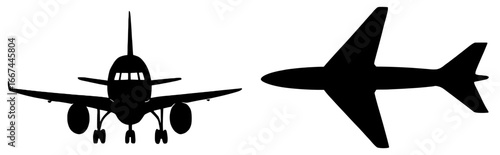 Silhouettes of Airplanes in Flight on White Background