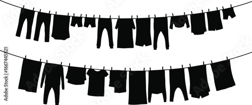 Silhouette of clothes hanging on clothesline, drying laundry, household chore, clean clothing, washing line, simple lifestyle, fabric, apparel, textile