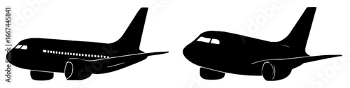 Silhouettes of Airplanes in Flight, Black Color Isolated on White Background
