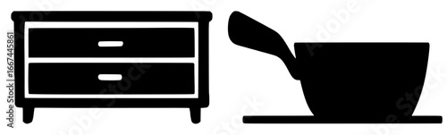 Silhouette of a dresser and a frying pan, black color isolated on white background