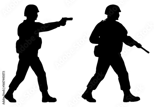 Silhouettes of armed individuals in tactical stance