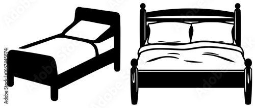 Silhouettes of Two Beds, Black Color Isolated on White Background