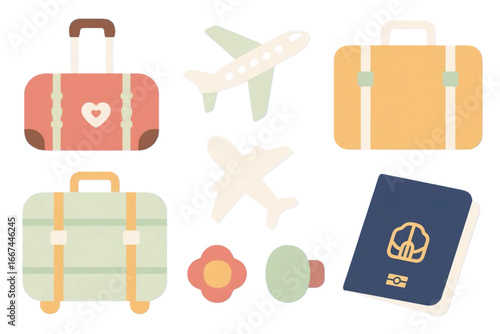 Seamless pattern of travel icons (suitcase, airplane, passport).
