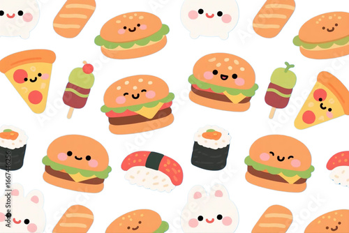 Cute kawaii food lifestyle pattern (burgers, pizza, sushi).