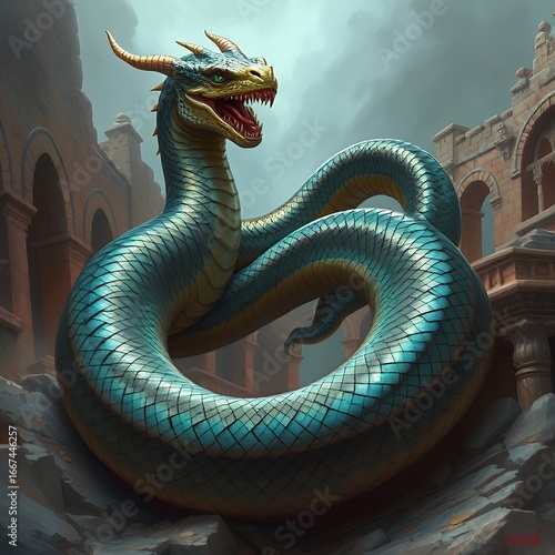 Fantasy Dragon Statue in an Ancient Architectural Setting