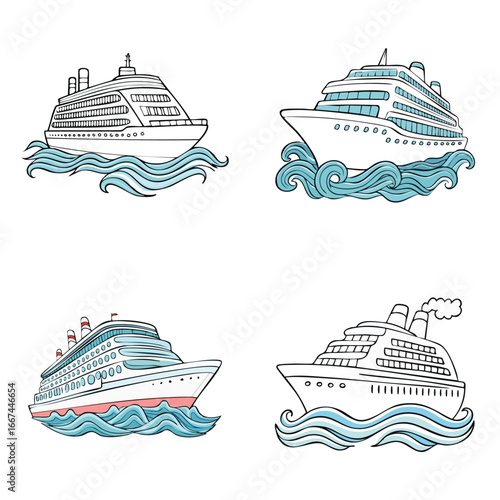Cruise ship illustrations sailing on ocean waves perfect for travel, tourism, and adventure projects