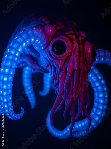 Cybernetic Octopus Glowing in Blue Light