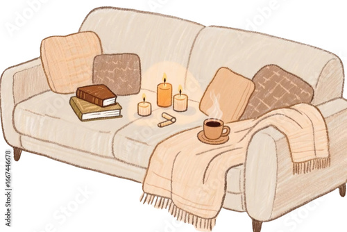 Cozy home lifestyle doodle (books, tea, blanket, candles).