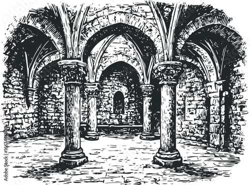 Antique Crypt Interior with Stone Arches and Columns