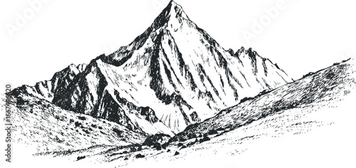 Detailed Ink Sketch of a Majestic Snow-Covered Mountain Range