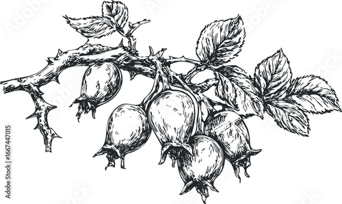 Detailed sketch of rose hips on a thorny branch with leaves