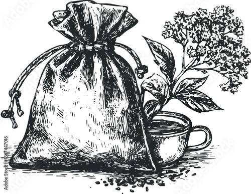 Hand-drawn sketch of a burlap sack with coffee beans and flowering sprigs next to a steaming mug