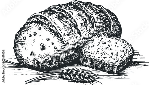 Hand Drawn Sketch of Rustic Loaf of Bread and Slice with Wheat Stalk
