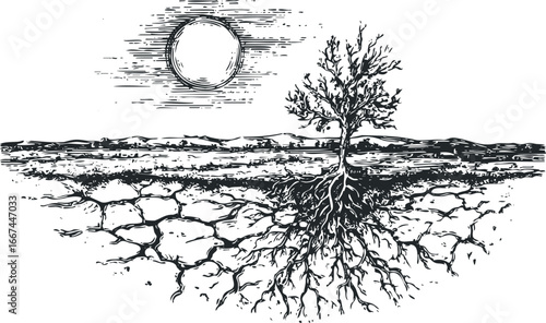 Desiccated Tree with Exposed Roots Under a Textured Sun and Barren Landscape