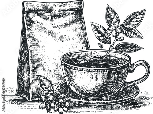 Espresso cup with saucer, coffee plant branch and bag of beans