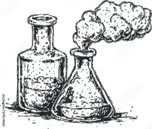 Hand Drawn Sketch of Two Laboratory Flasks with Bubbles and Smoke