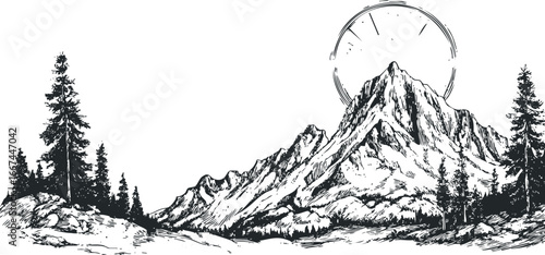 Sketchy Mountain Range with Pine Trees and Celestial Clock Symbol