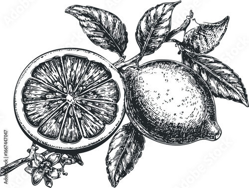 Hand-drawn sketch of a ripe lemon and a half-cut lemon with leaves and a flower on a branch