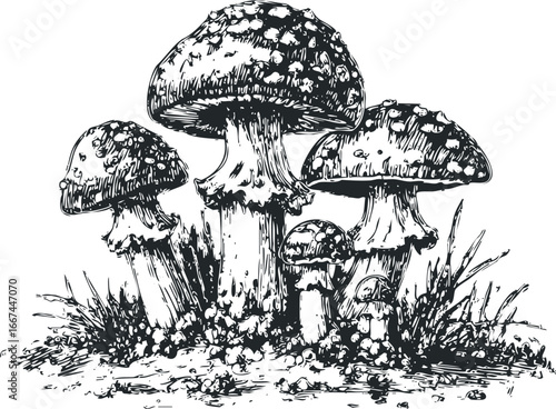 Group of Textured Fly Agaric Mushrooms Growing with Grass and Ground Texture