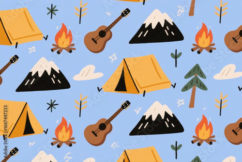 Seamless camping & outdoor pattern (tent, bonfire, mountain, guitar).