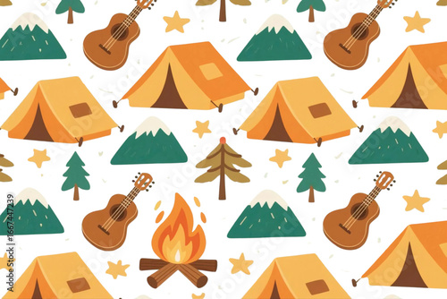Seamless camping & outdoor pattern (tent, bonfire, mountain, guitar).
