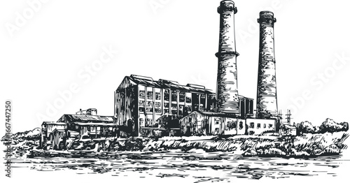 Black and white sketch of an industrial factory with tall smokestacks by a body of water