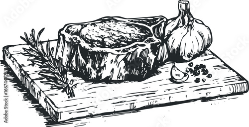 Tenderloin steak with garlic and herbs on a wooden board