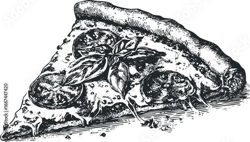 Sketch of a Slice of Pepperoni Pizza with Basil Topping