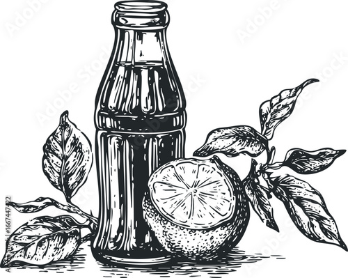 Vintage style soda bottle with citrus fruit and foliage