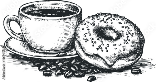 Sketch of a Coffee Cup and Donut with Coffee Beans
