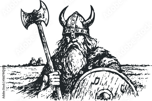 Fierce warrior in horned helmet holding axe and shield outdoors